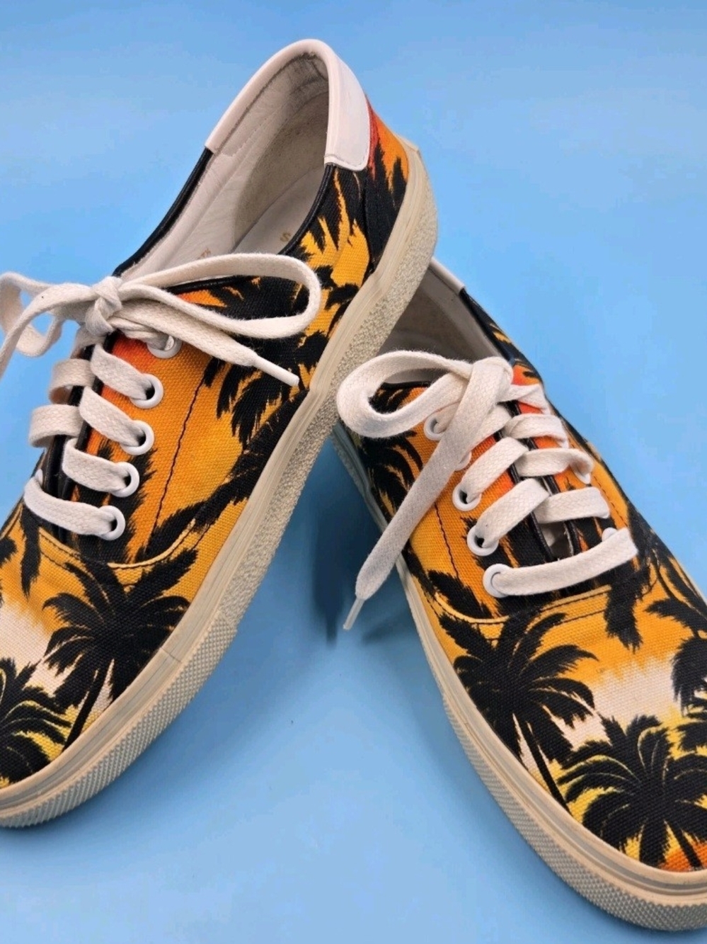 Saint Laurent  Palm-Print Canvas Sneakers in Orange and Black